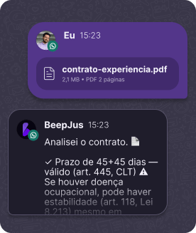 Conversa no WhatsApp: envio de contrato-experiencia.pdf e análise do BeepJus citando o art. 445 da CLT
