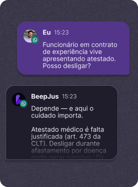 Conversa no WhatsApp: pergunta sobre desligamento de funcionário com atestado e resposta do BeepJus citando o art. 473 da CLT